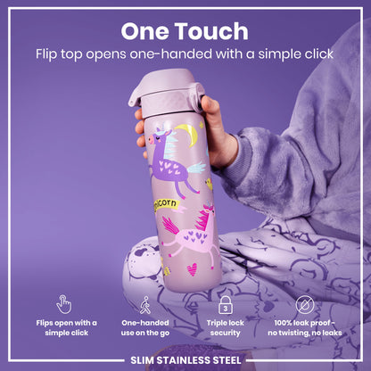 Leak Proof Slim Water Bottle, Stainless Steel, Unicorns, 600ml (20oz)