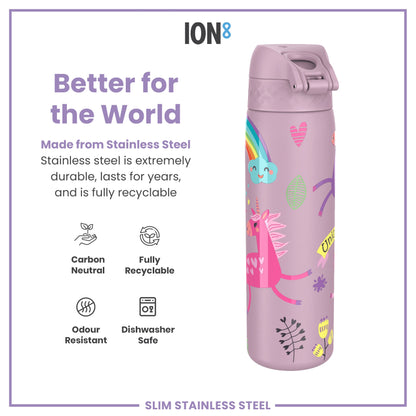 Leak Proof Slim Water Bottle, Stainless Steel, Unicorns, 600ml (20oz)