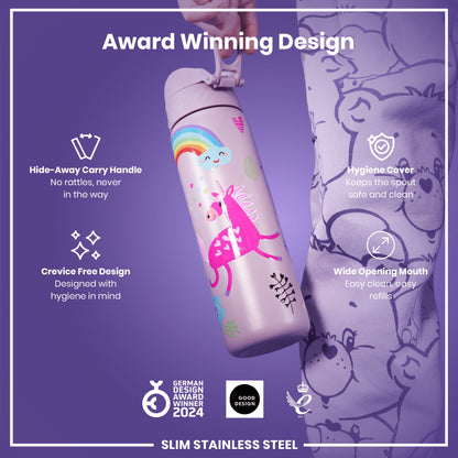 Leak Proof Slim Water Bottle, Stainless Steel, Unicorns, 600ml (20oz)