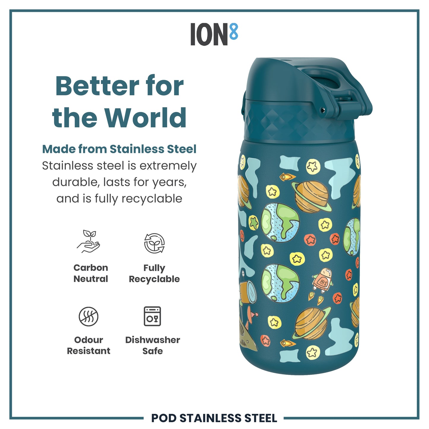 Leak Proof Kids Water Bottle, Stainless Steel, Space, 400ml (13oz)