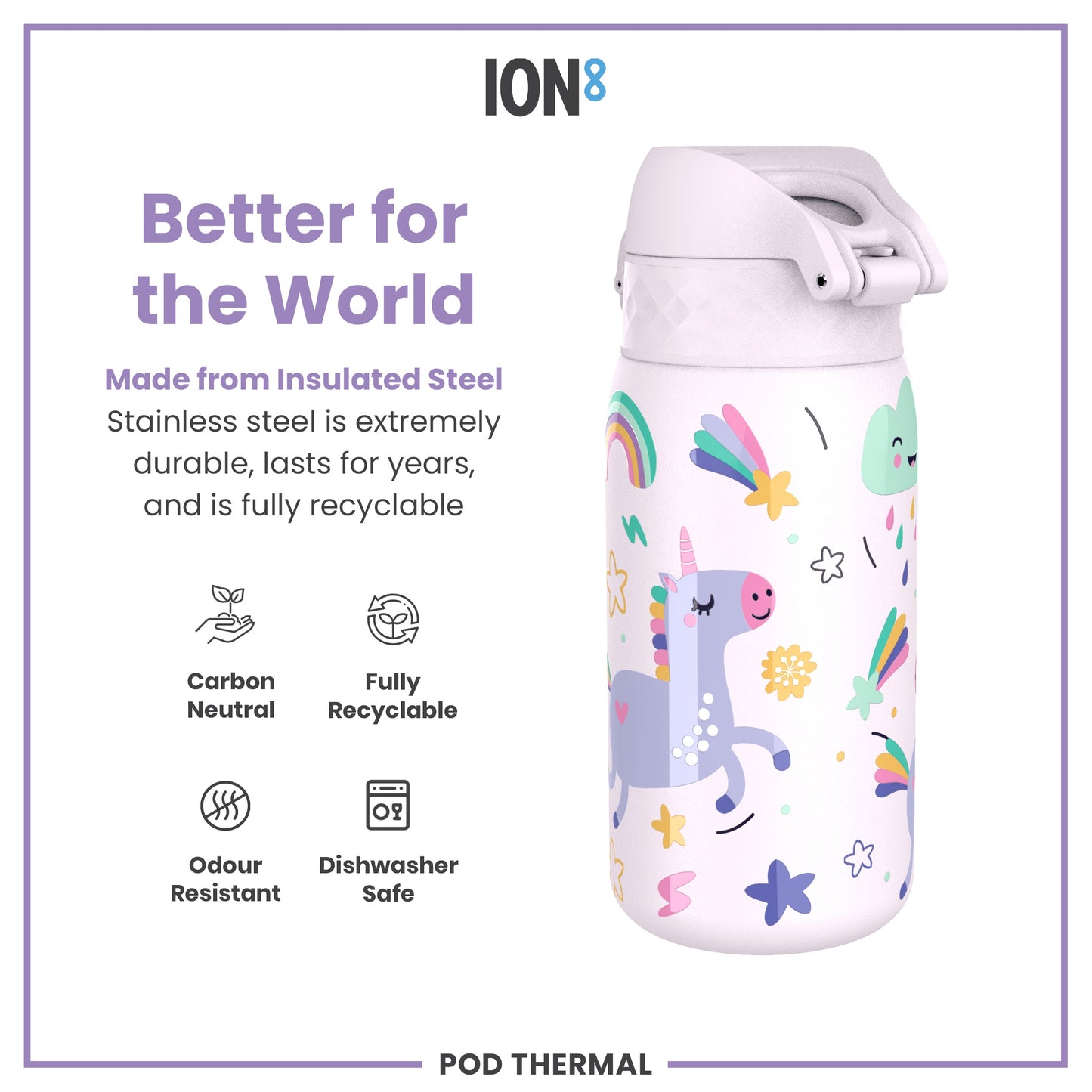 Leak Proof Thermal Steel Water Bottle, Insulated Steel, Unicorns, 320ml (11oz)