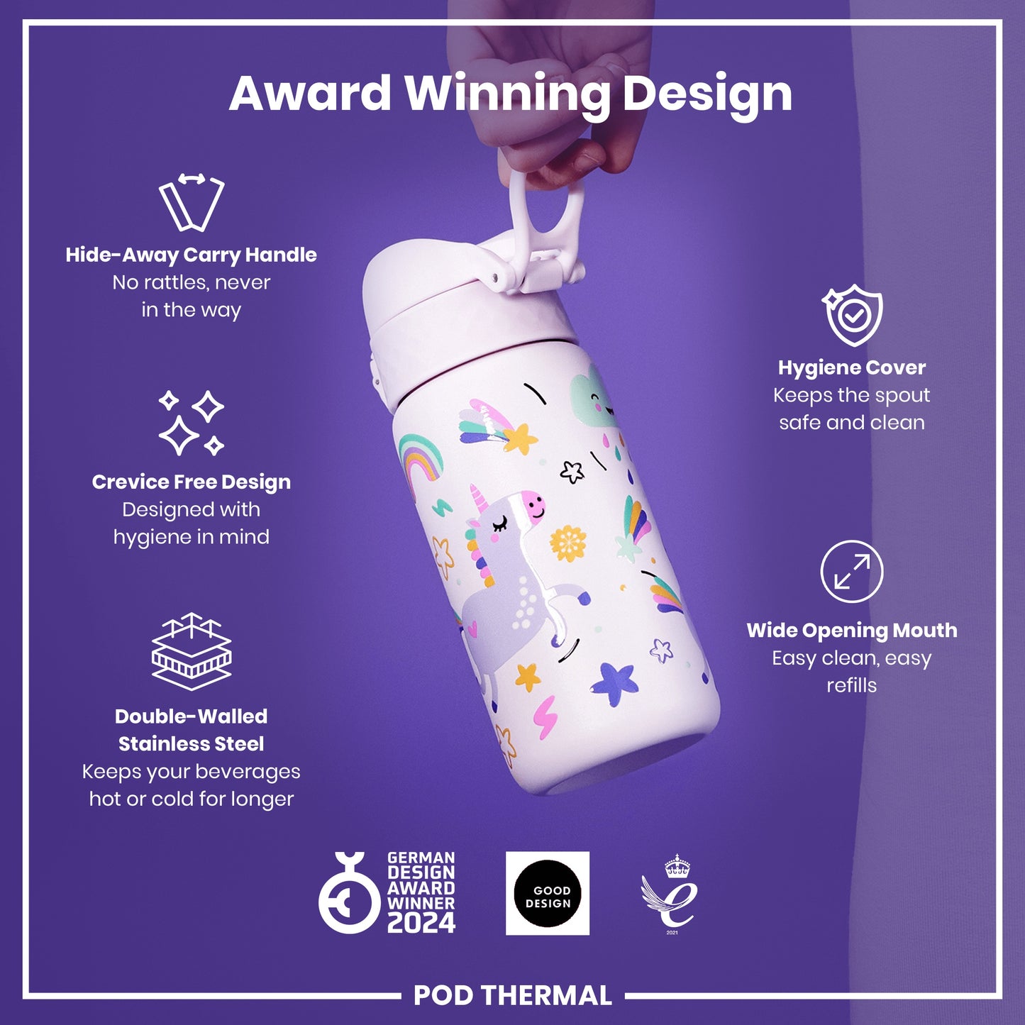 Leak Proof Thermal Steel Water Bottle, Insulated Steel, Unicorns, 320ml (11oz)