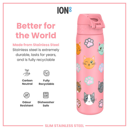 Leak Proof Slim Water Bottle, Stainless Steel, Cats, 600ml (20oz)