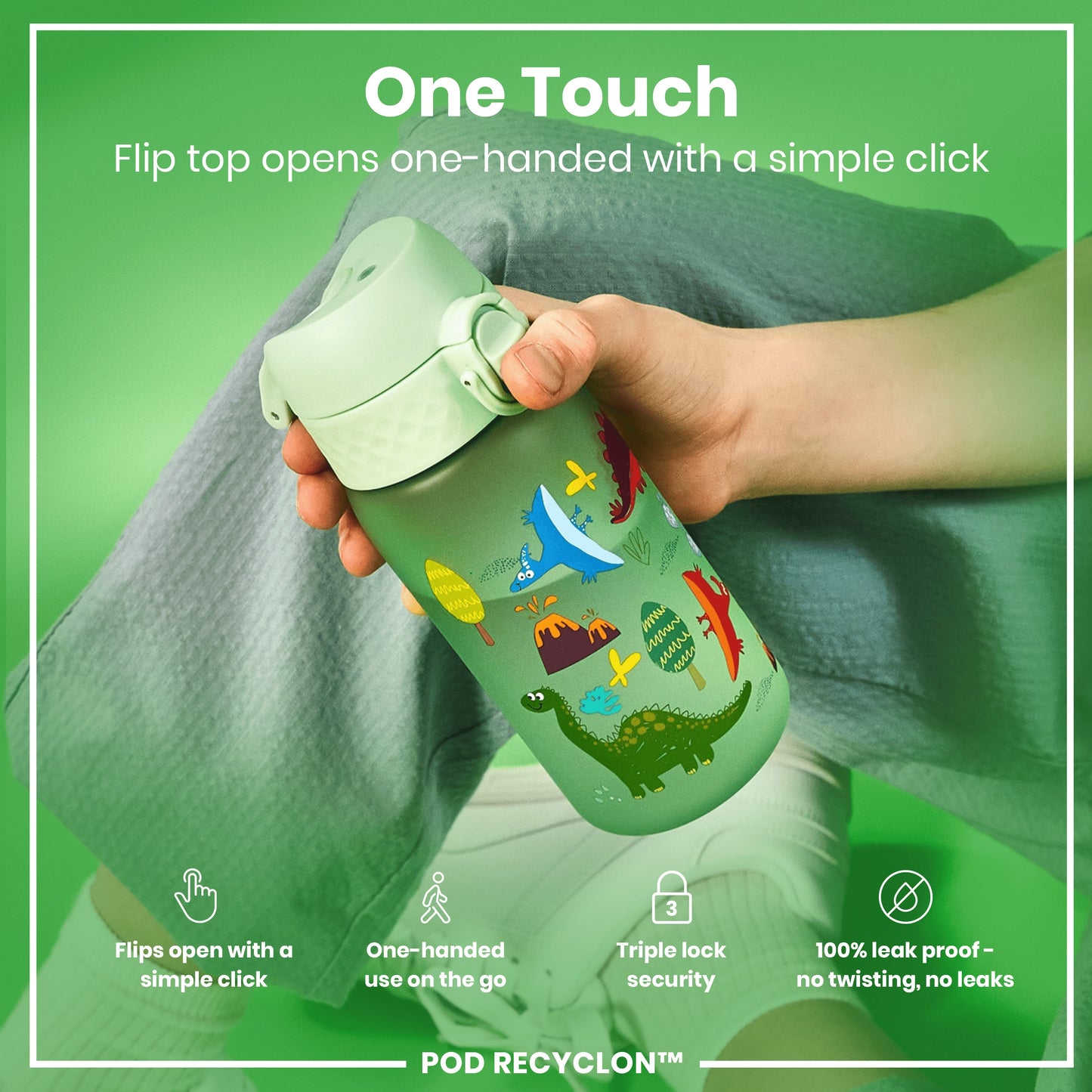 Leak Proof Kids Water Bottle, Recyclon, Dinosaur, 350ml (12oz)