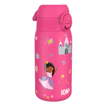 A pink water bottle, featuring a princess and castle design, sits against a white background. ION8 is printed on the bottle.