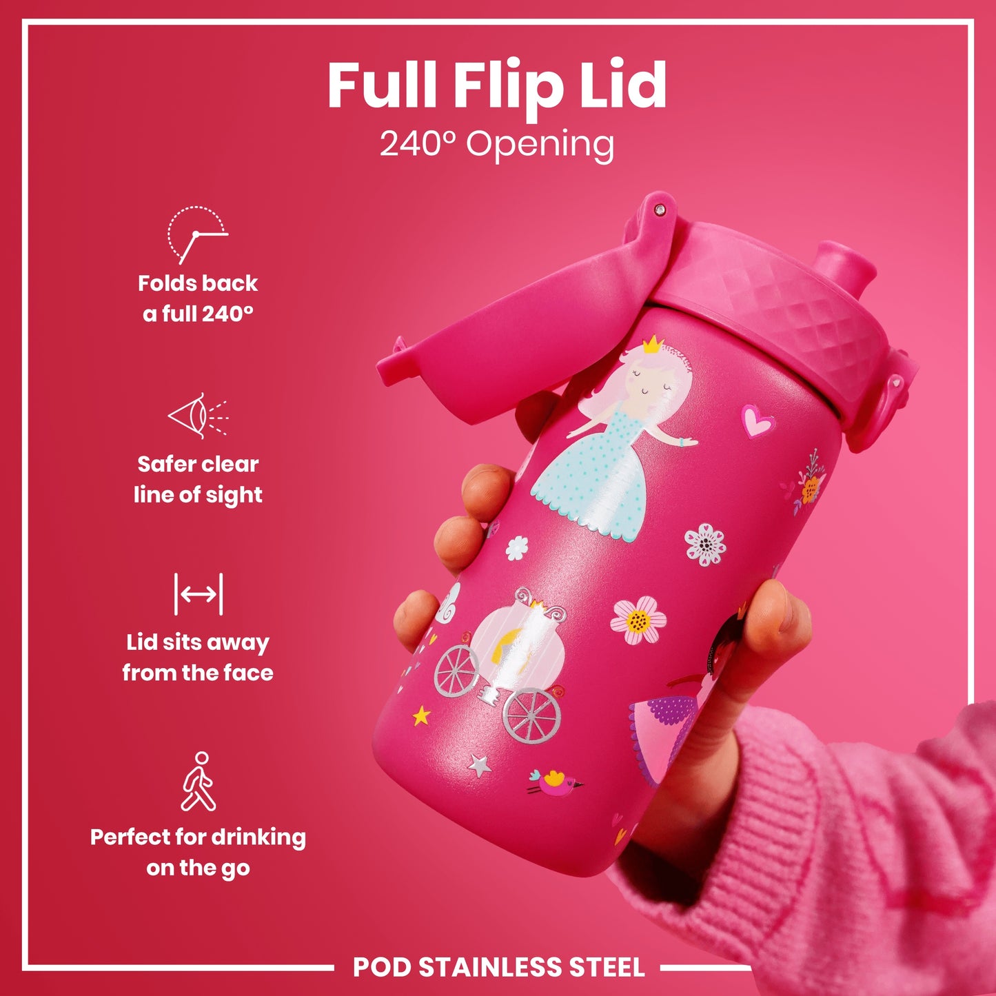 A pink, princess-themed stainless steel water bottle is being held; its full flip lid, offering a 240° opening, is shown. The bottle features a design of a princess and carriage. The context is a pink background with product details.