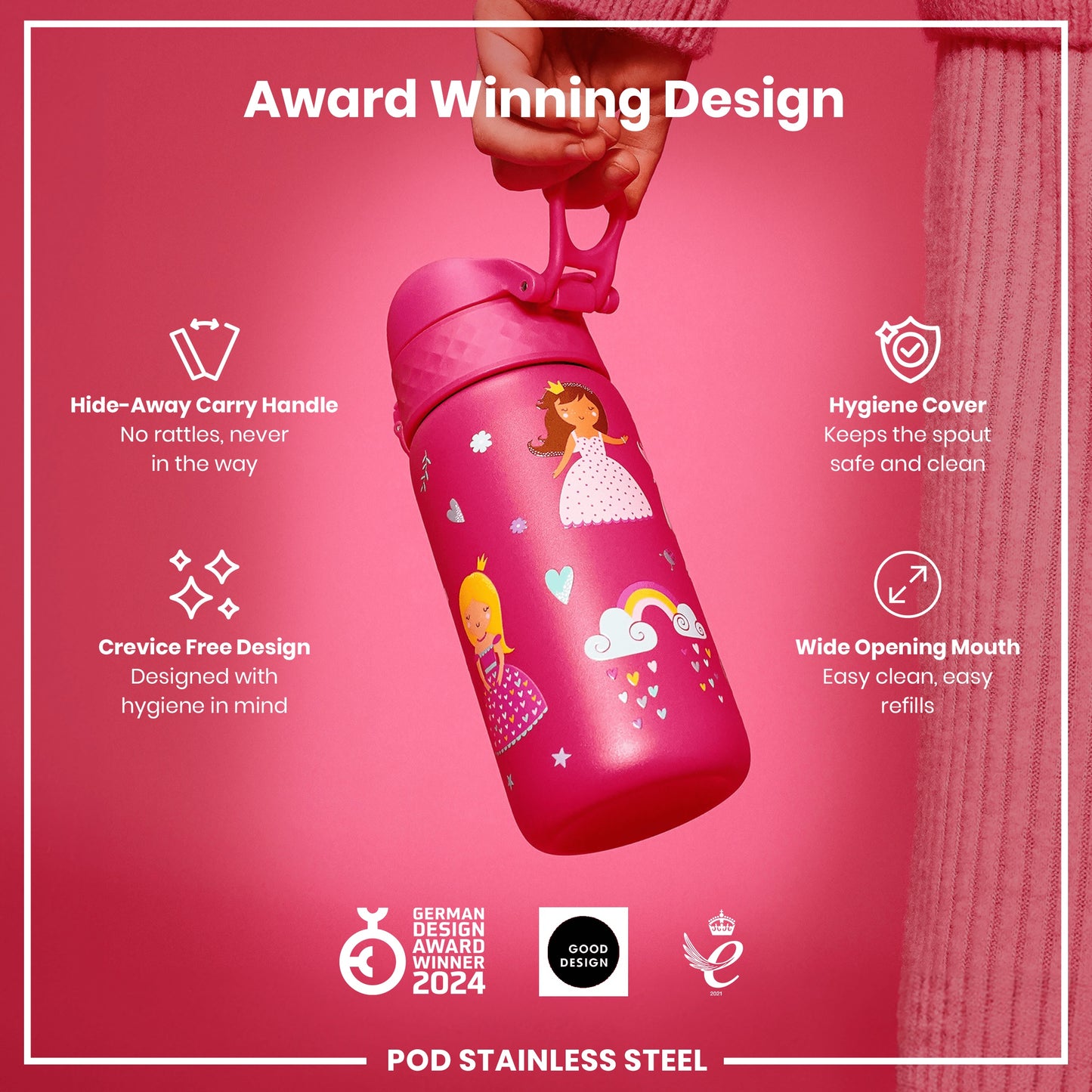 A pink children's water bottle with princess designs is being held; it features a hide-away handle and a wide opening mouth, against a pink background with award logos.