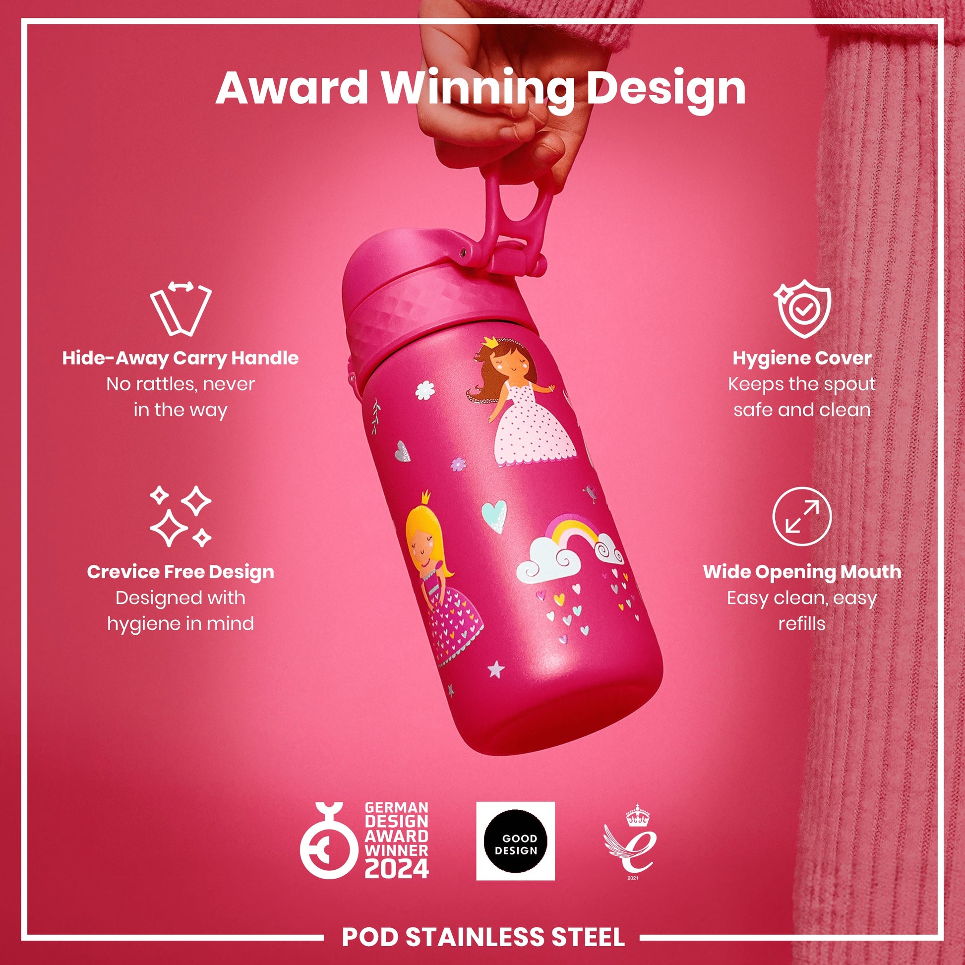 A pink children's water bottle with princess designs is being held; it features a hide-away handle and a wide opening mouth, against a pink background with award logos.