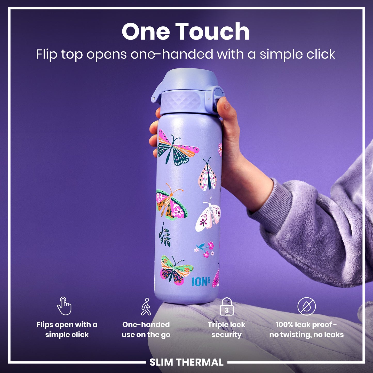 Leak Proof Slim Thermal Steel Water Bottle, Insulated, Butterfly, 500ml (17oz)