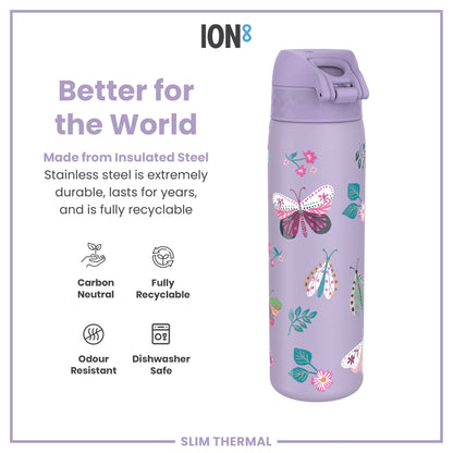 Leak Proof Slim Thermal Steel Water Bottle, Insulated, Butterfly, 500ml (17oz)