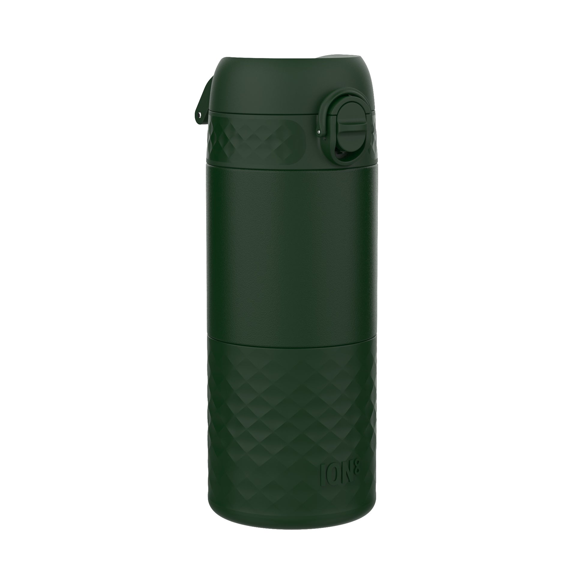 A dark-green ION8 water bottle stands upright against a white background. The bottle features a textured, diamond-patterned base.