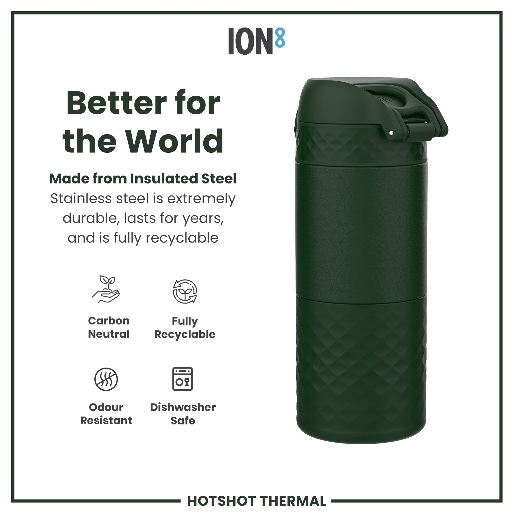 A dark-green insulated steel thermos sits against a white background; it's made of durable, recyclable stainless steel, and is dishwasher safe, odor resistant, and carbon neutral.