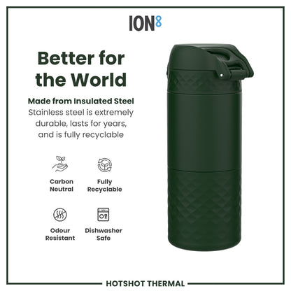 A dark-green insulated steel thermos sits against a white background; it's made of durable, recyclable stainless steel, and is dishwasher safe, odor resistant, and carbon neutral.