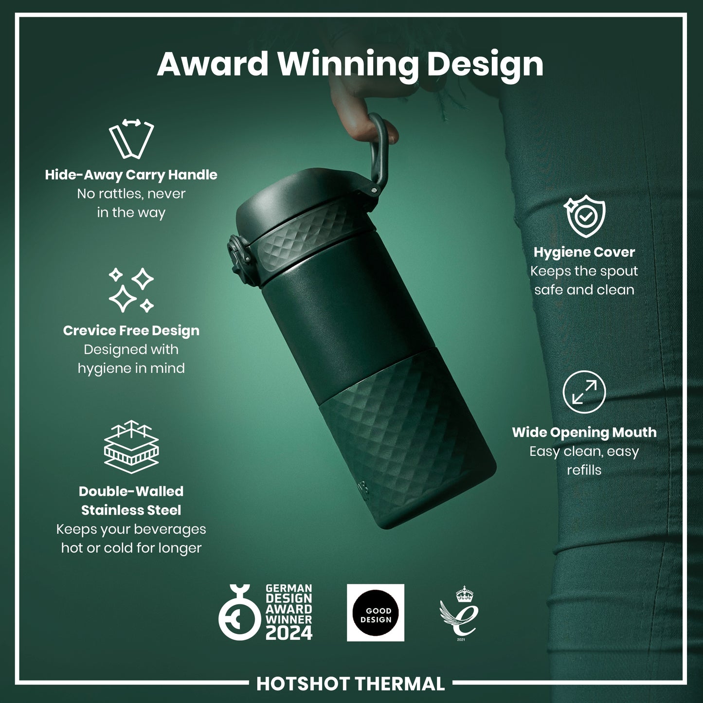 A dark-green, double-walled stainless steel thermal bottle is being held; its features are highlighted against a green background. Award Winning Design.