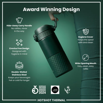 A dark-green, double-walled stainless steel thermal bottle is being held; its features are highlighted against a green background. Award Winning Design.