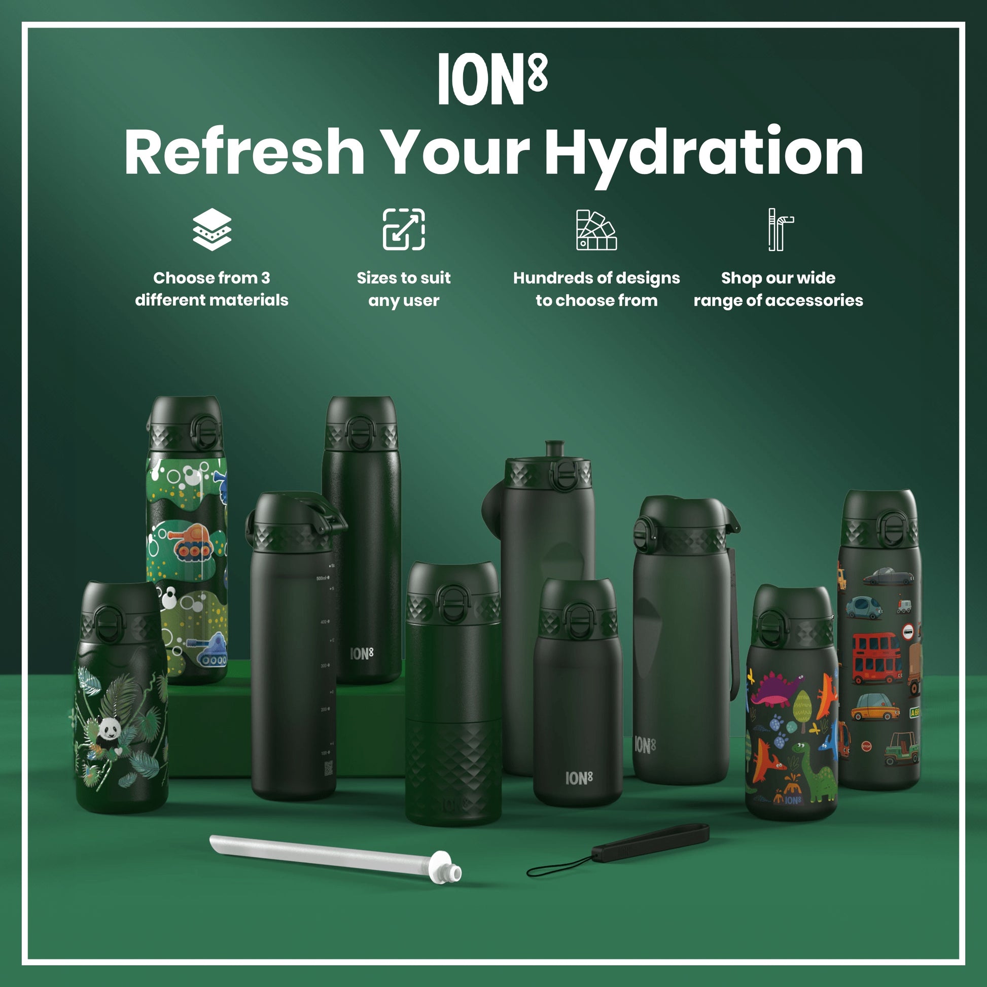 Several dark-green water bottles, some with child-friendly designs, are displayed on a green surface; "ION8 Refresh Your Hydration" is at the top.