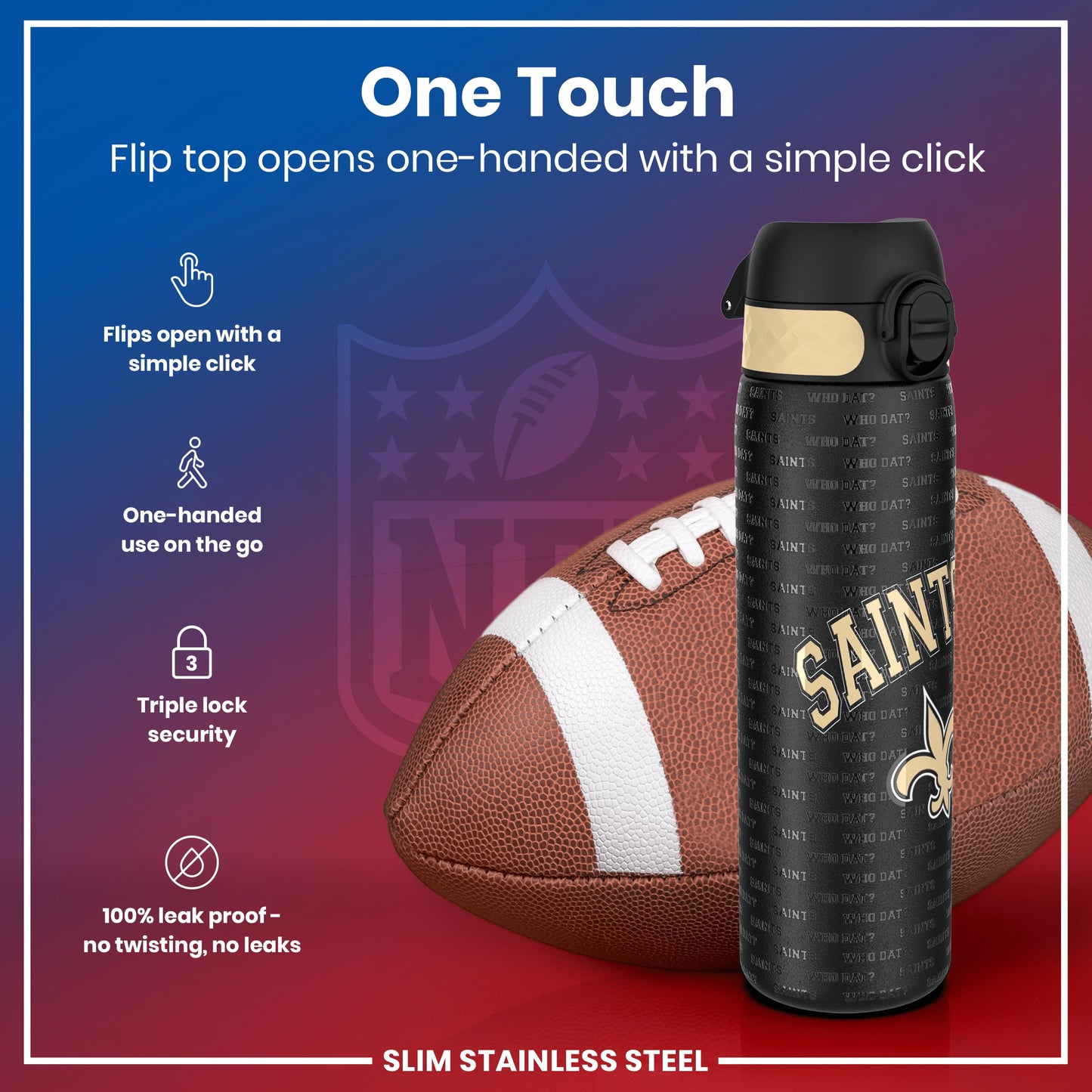 Leak Proof NFL Water Bottle, Stainless Steel, New Orleans Saints, 600ml (20oz)