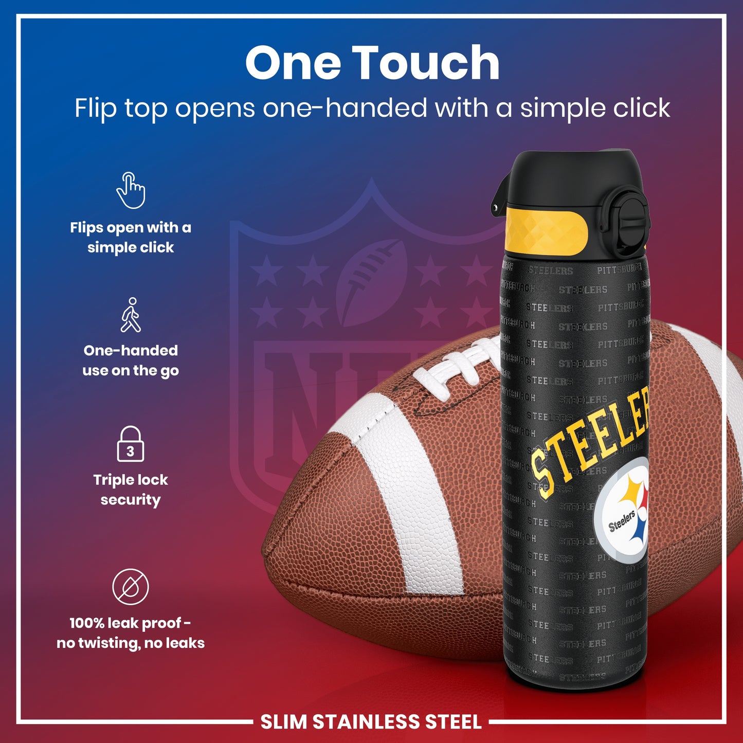 Leak Proof NFL Water Bottle, Stainless Steel, Pittsburgh Steelers, 600ml (20oz)