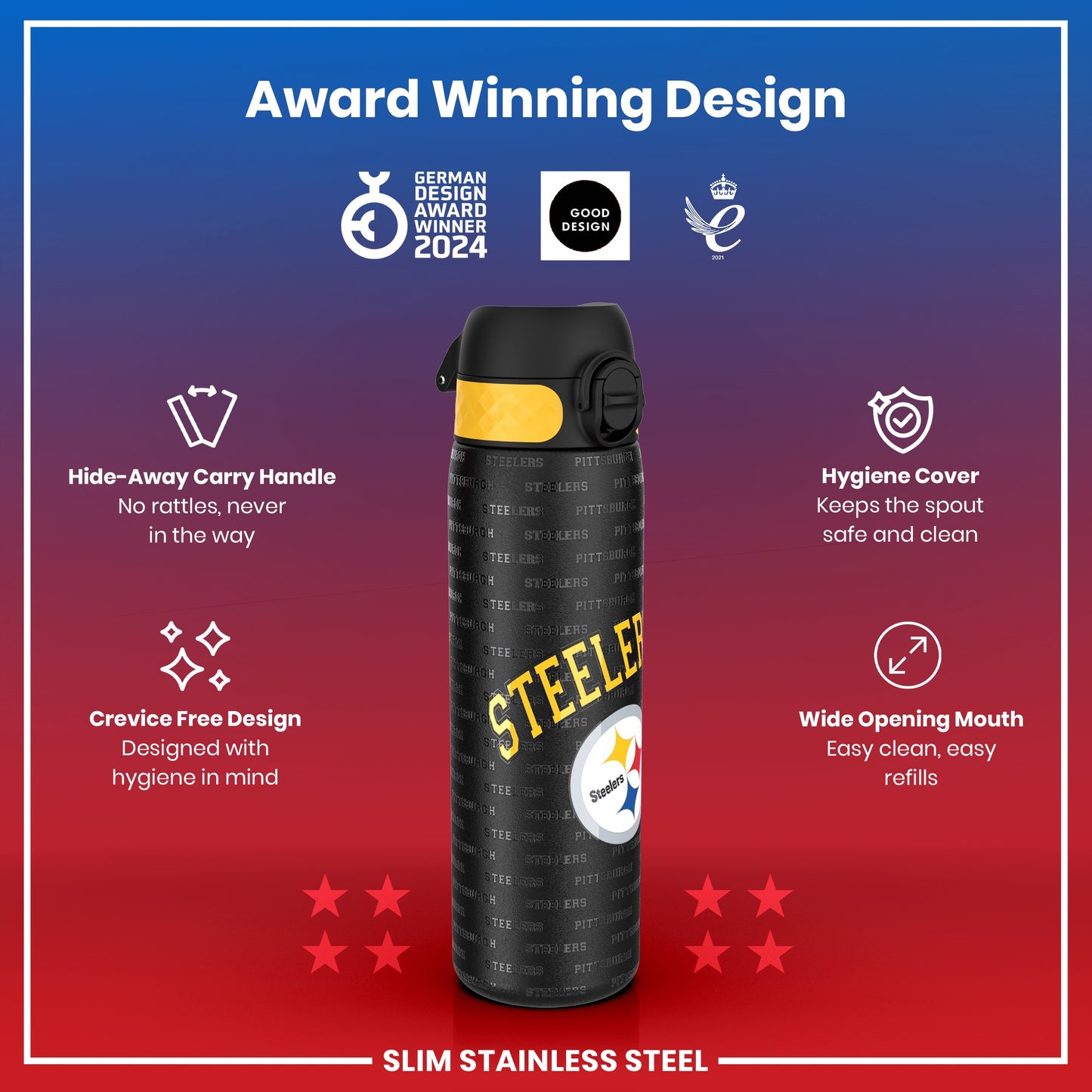 Leak Proof NFL Water Bottle, Stainless Steel, Pittsburgh Steelers, 600ml (20oz)