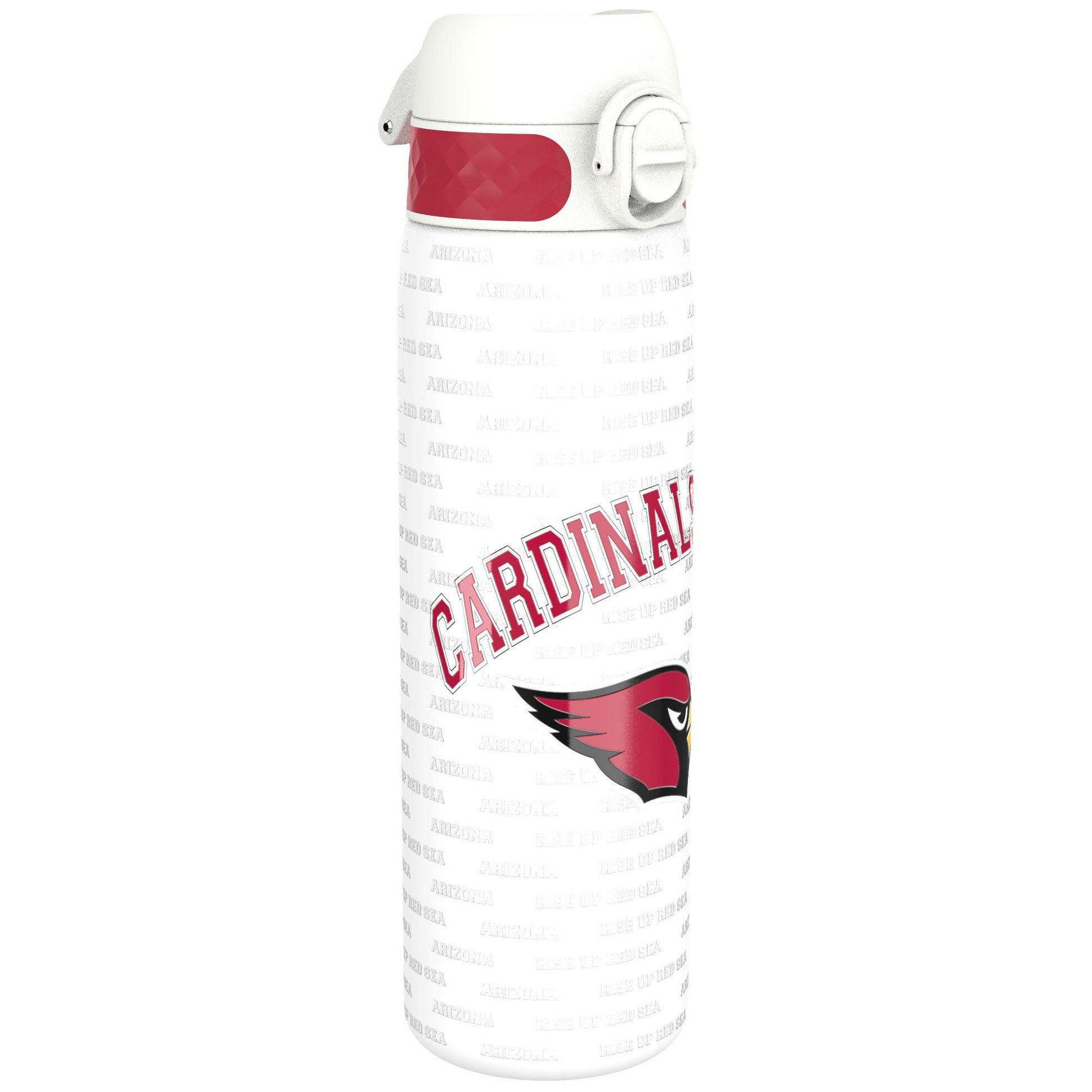 A white water bottle, featuring a red Cardinal logo and repeating text, sits against a white background. The text includes "Arizona" and "Rise Up Red Sea".