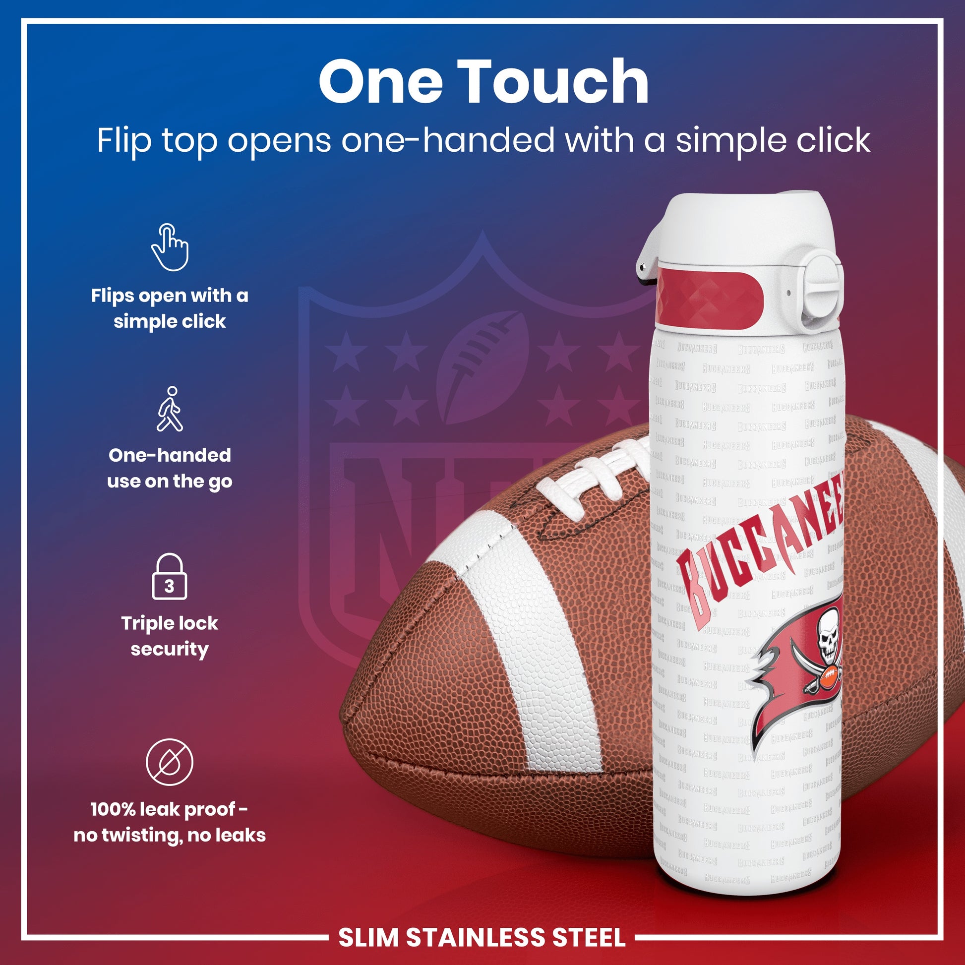 A Tampa Bay Buccaneers-themed water bottle sits beside a football; its flip top opens one-handed. The bottle is slim and made of stainless steel; it’s leakproof and has a triple lock.