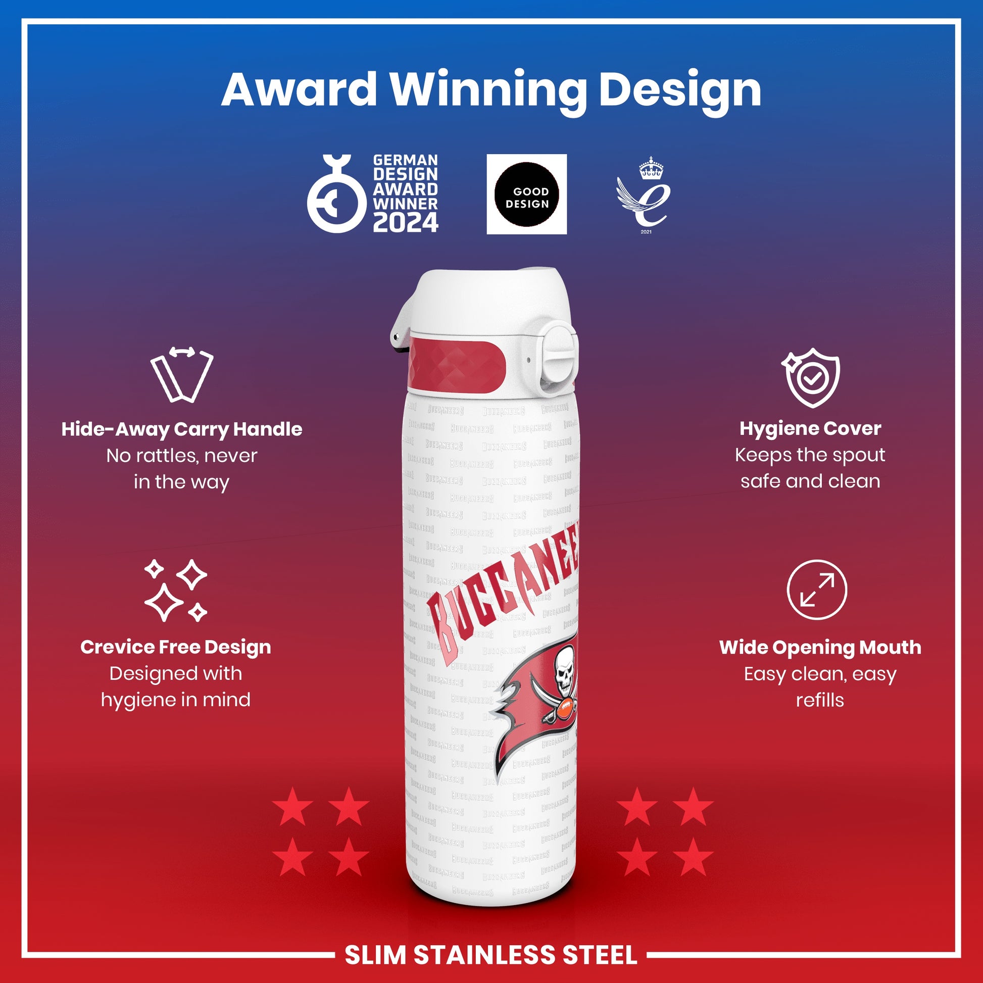 A slim stainless steel water bottle, featuring a Buccaneers design, sits prominently displayed. It boasts a hide-away handle, crevice-free design, hygiene cover, and wide mouth. Award logos are shown.