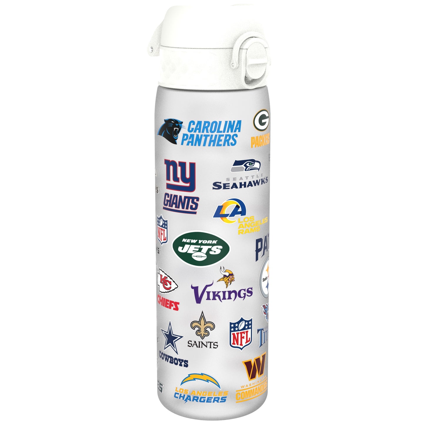 A water bottle displays various NFL team logos; it stands upright against a white background.