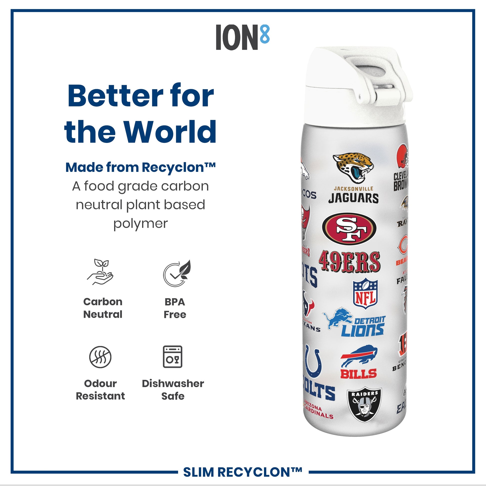 A water bottle, featuring various NFL team logos, stands against a white background. It is made from a plant-based polymer, BPA-free, odour-resistant, and dishwasher-safe. The bottle is described as “Better for the World” and “Made from Recyclon™”.