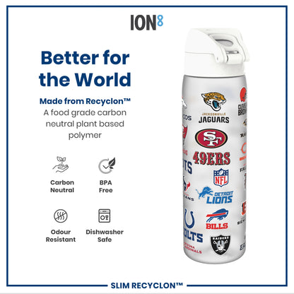 A water bottle, featuring various NFL team logos, stands against a white background. It is made from a plant-based polymer, BPA-free, odour-resistant, and dishwasher-safe. The bottle is described as “Better for the World” and “Made from Recyclon™”.