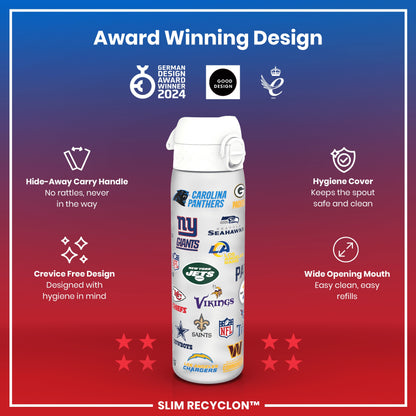 A water bottle, displaying various NFL team logos, sits against a red and purple background. Features highlighted include a hide-away handle, crevice-free design, hygiene cover, and wide opening mouth. Award Winning Design. German Design Award Winner 2024. Good Design. 2021. Slim Recyclon™.