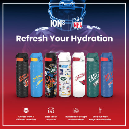 Six water bottles, displaying various NFL team logos, are presented. They are arranged in a row, showcasing different designs and colors. The setting appears to be an advertisement promoting hydration. "Refresh Your Hydration" is the headline. Additional text describes choices in materials, sizes, and designs, plus available accessories.