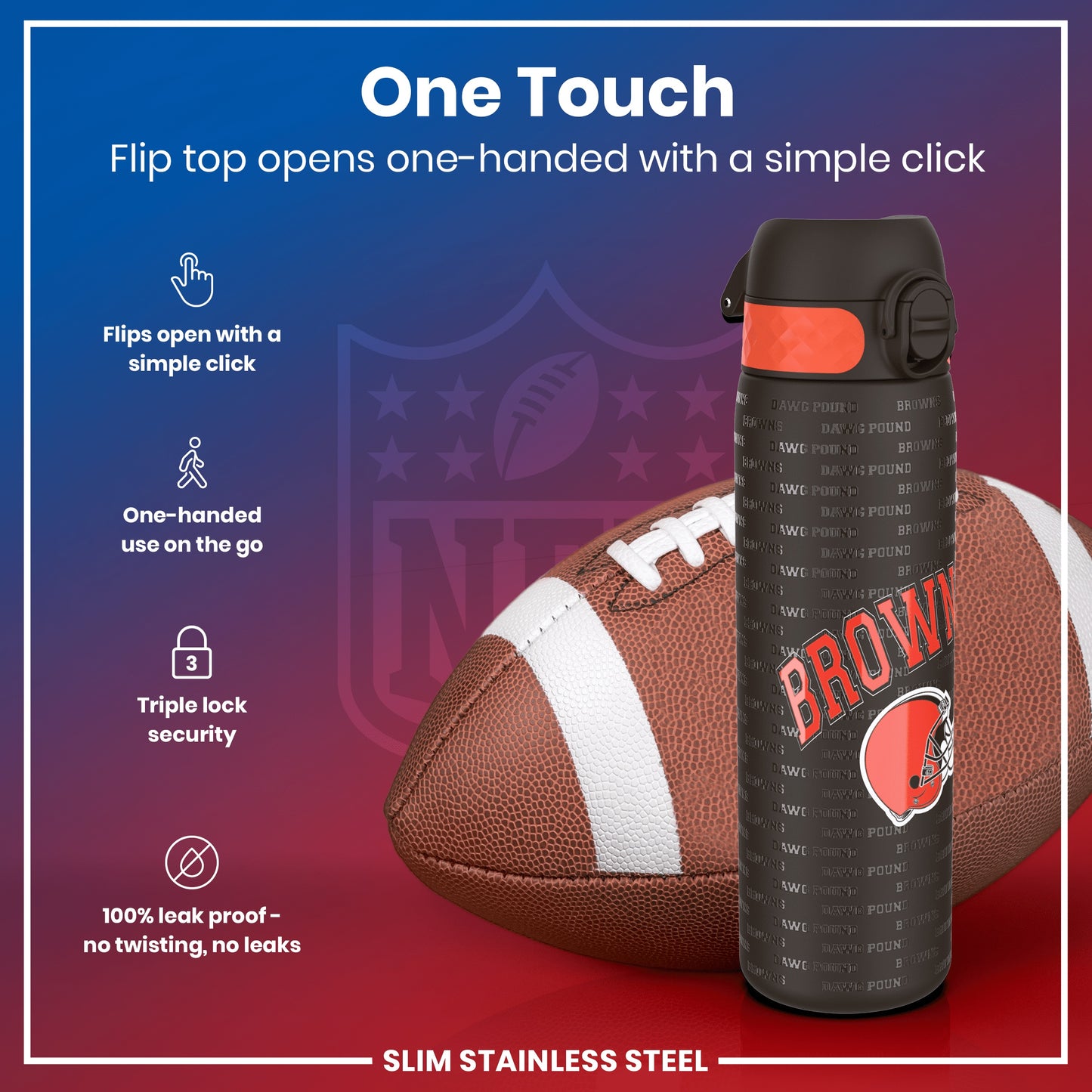 Leak Proof NFL Water Bottle, Stainless Steel, Cleveland Browns, 600ml (20oz)