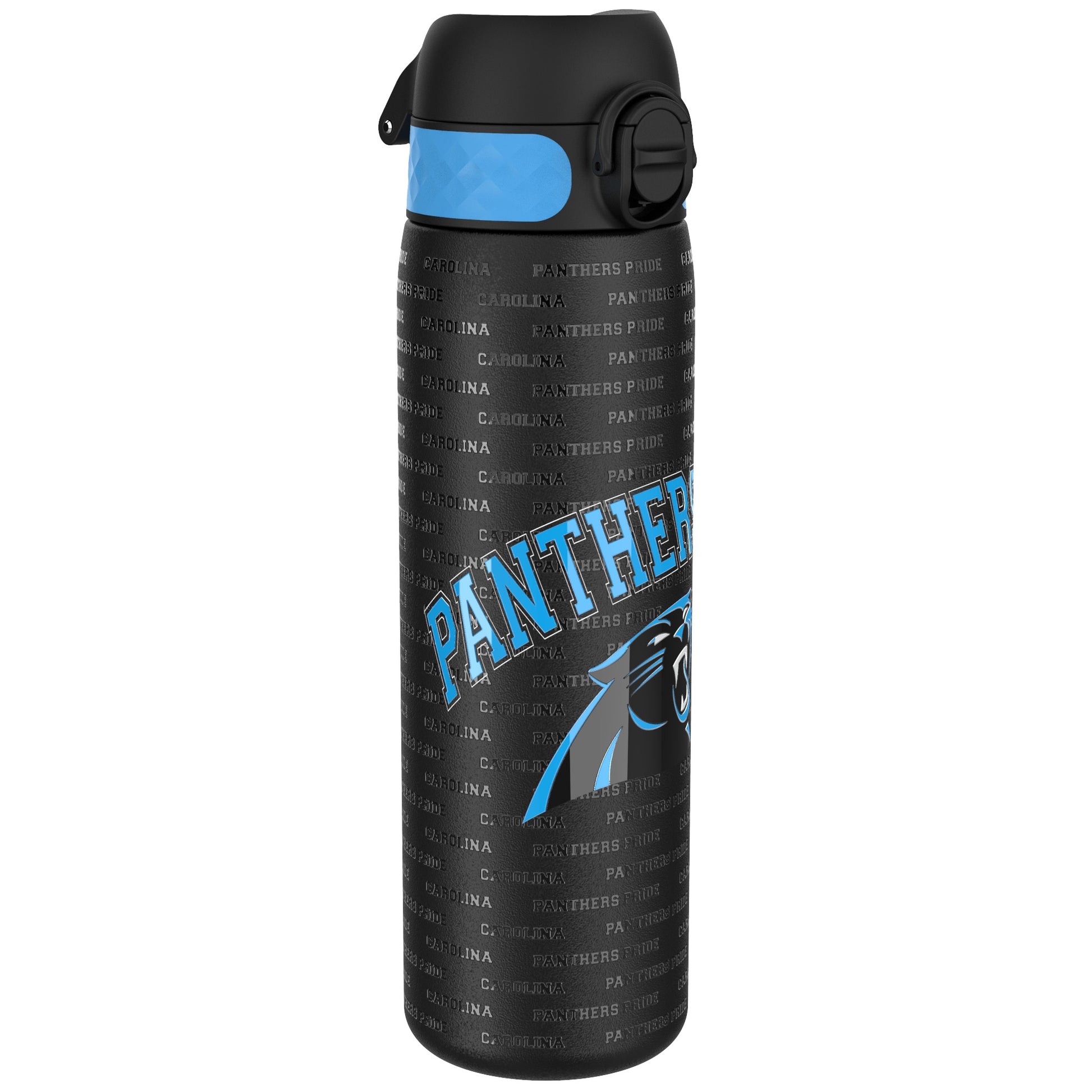 A black water bottle, featuring a Carolina Panthers logo and repeated text, sits against a white background.