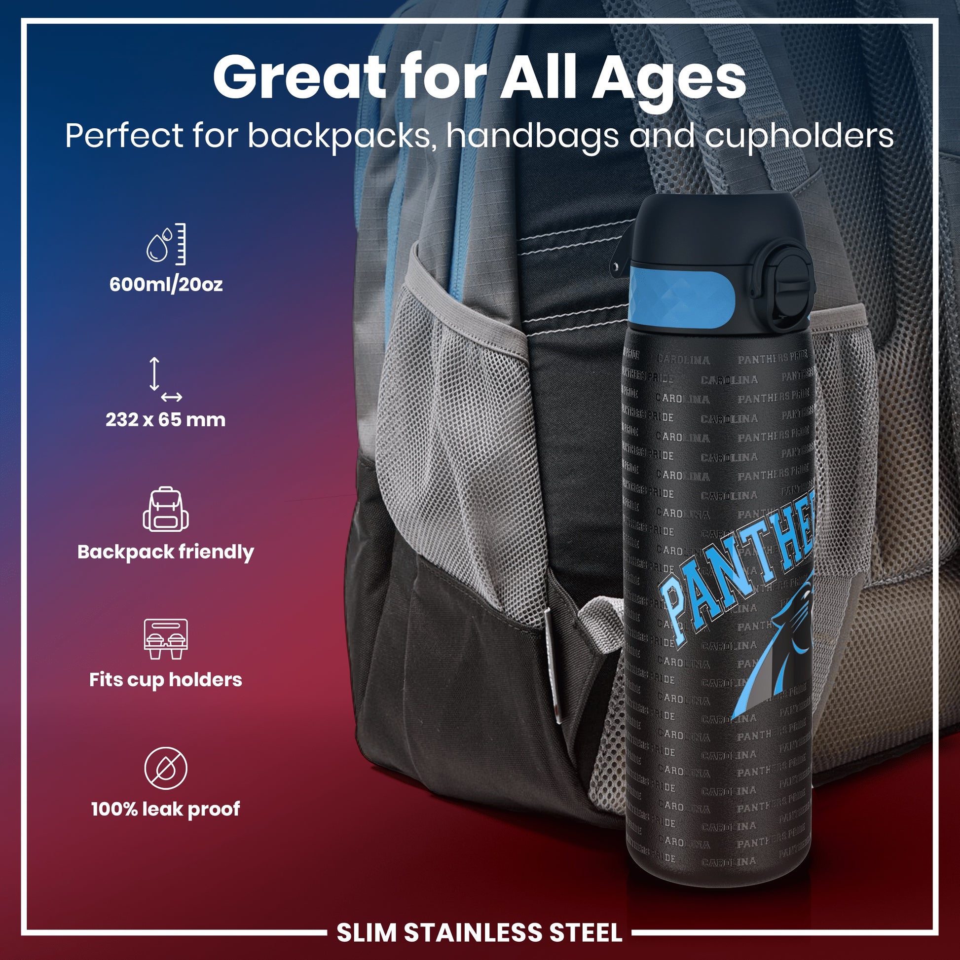 A black water bottle, featuring Carolina Panthers branding, rests in a backpack pocket. It's 600ml/20oz and 232 x 65mm, backpack and cupholder friendly, and 100% leak-proof.