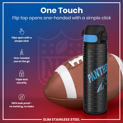 A water bottle rests against a football. Its flip top opens one-handed. The bottle is slim, stainless steel, and leakproof; it features Carolina Panthers branding.