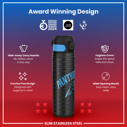 A slim stainless steel water bottle displays a Carolina Panthers design; it features a hide-away handle and a crevice-free design for hygiene. Award-winning design logos are present.