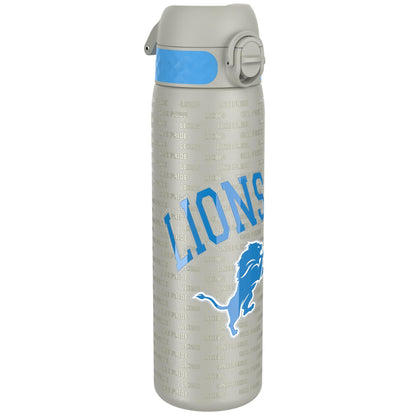 A gray water bottle, featuring a blue accent and repeated "Lions One Pride" text, displays a lion logo; it is shown against a white background.