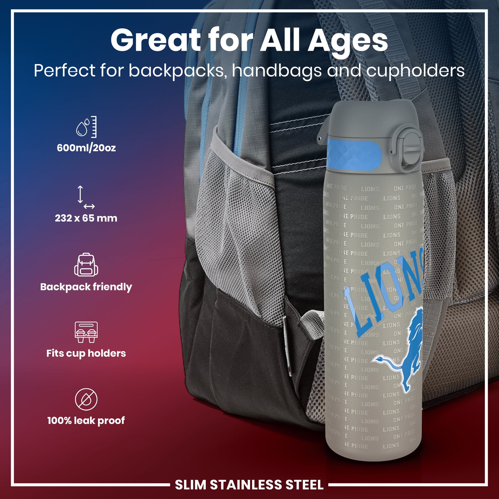 A gray water bottle, featuring repeated "ONE PRIDE LIONS" text and a lion logo, rests in a backpack pocket. It's 600ml/20oz, 232 x 65 mm, backpack and cupholder friendly, and 100% leak-proof.