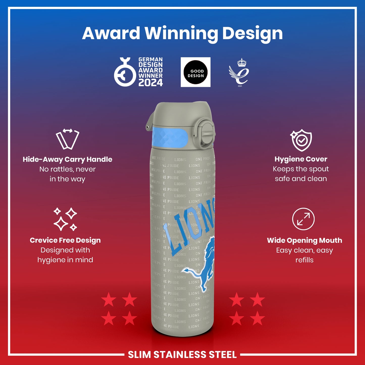 A gray stainless steel water bottle, featuring a blue lion graphic and "One Pride Lions" text, displays a wide mouth for easy cleaning and refilling, along with a hide-away carry handle and hygiene cover. The bottle is shown against a red and purple background; it is award-winning in design.