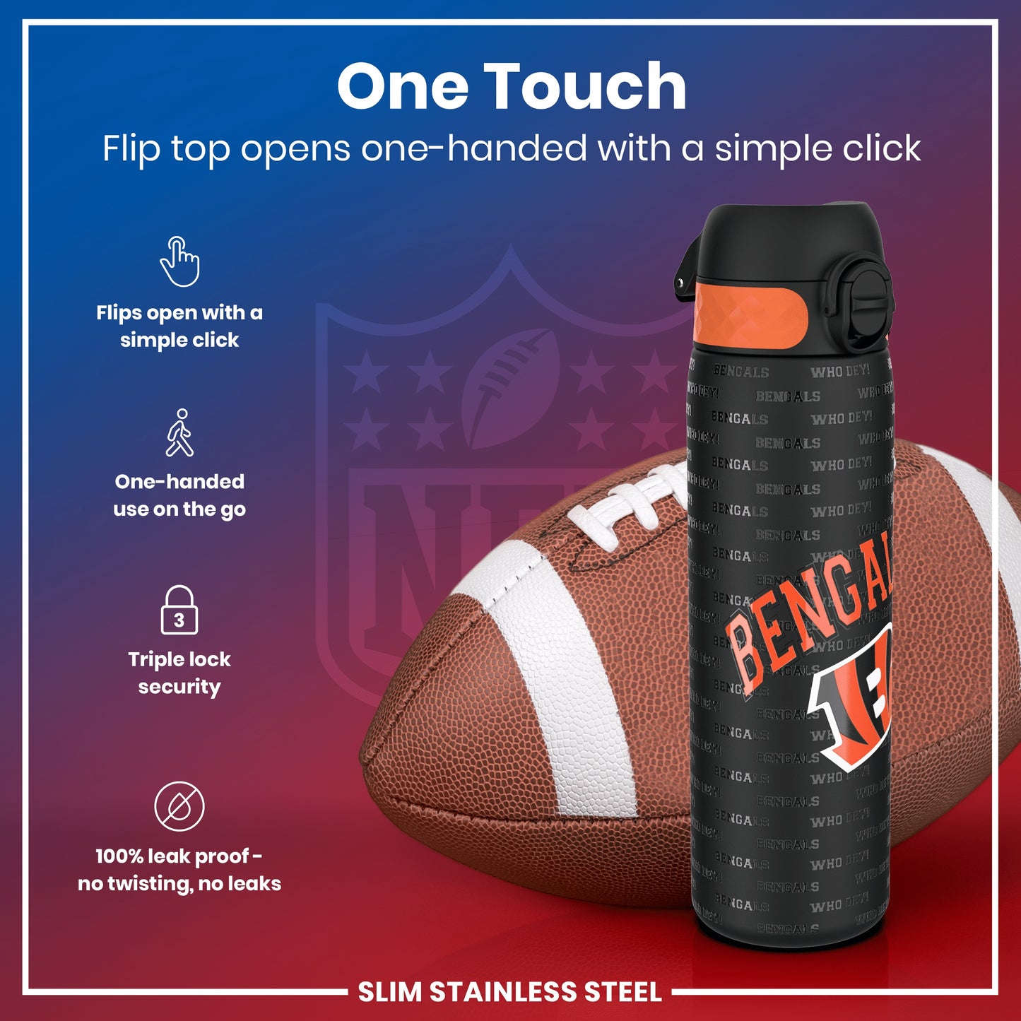 Leak Proof NFL Water Bottle, Stainless Steel, Cincinnati Bengals, 600ml (20oz)