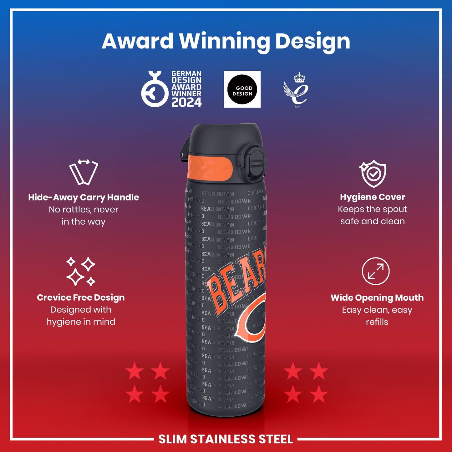 Leak Proof NFL Water Bottle, Stainless Steel, Chicago Bears, 600ml (20oz)