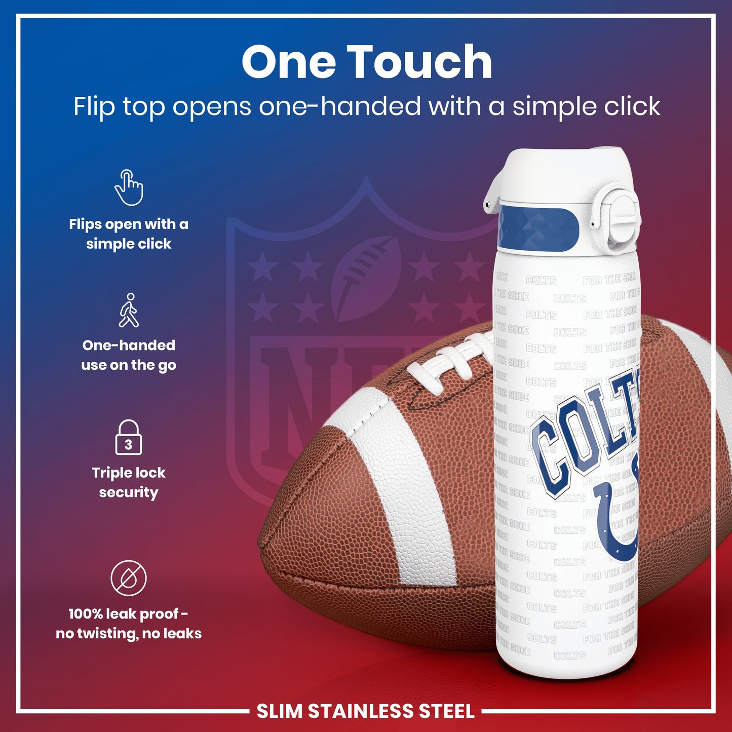 Leak Proof NFL Water Bottle, Stainless Steel, Indianapolis Colts, 600ml (20oz)