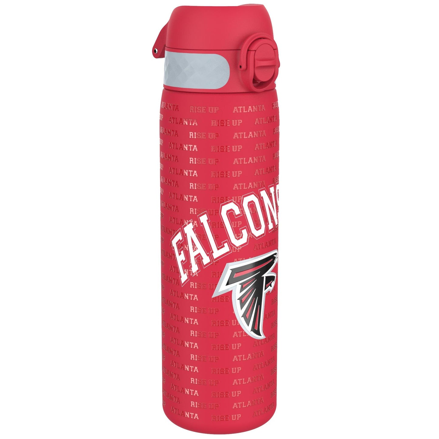 A red water bottle, featuring the Atlanta Falcons logo and "Rise Up" branding, stands against a white background.