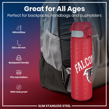 A red, slim stainless steel water bottle, featuring the Atlanta Falcons logo, rests in a backpack's side pocket. It's 600ml/20oz, 232 x 65 mm, backpack and cupholder friendly, and 100% leak-proof.