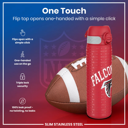 A red, slim stainless steel water bottle, featuring the Atlanta Falcons logo and text, rests near a football; its flip top opens one-handed with a simple click.