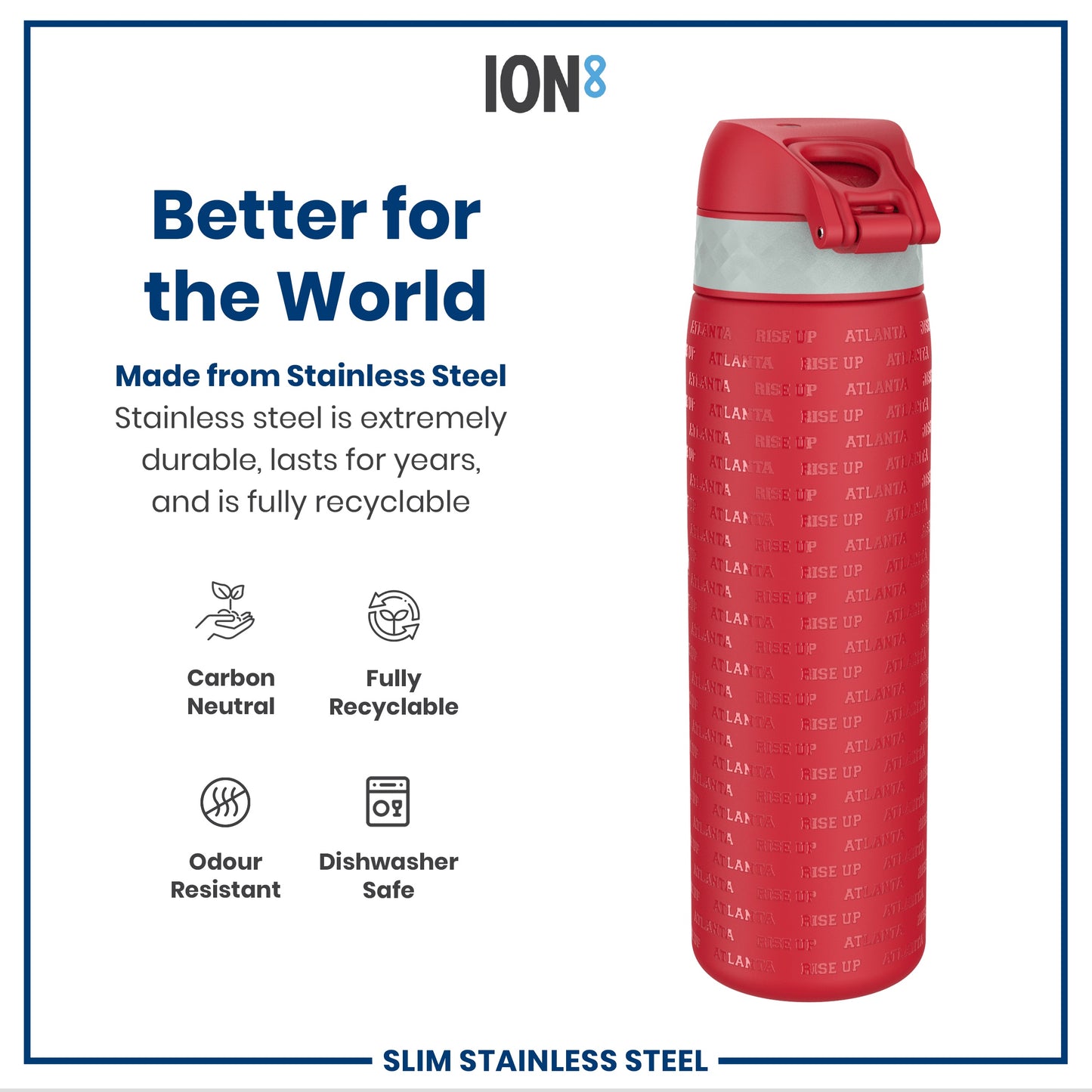 A red stainless steel water bottle, displaying repeated “Atlanta Rise Up” text, sits against a white background featuring product information; it is carbon neutral, fully recyclable, odour resistant and dishwasher safe.