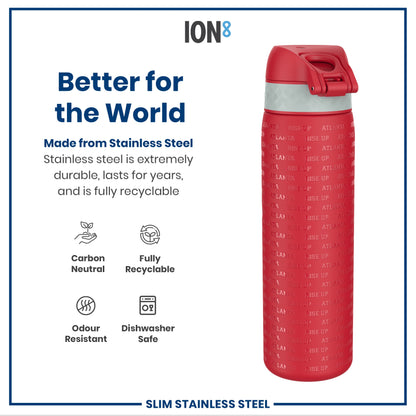 A red stainless steel water bottle, displaying repeated “Atlanta Rise Up” text, sits against a white background featuring product information; it is carbon neutral, fully recyclable, odour resistant and dishwasher safe.