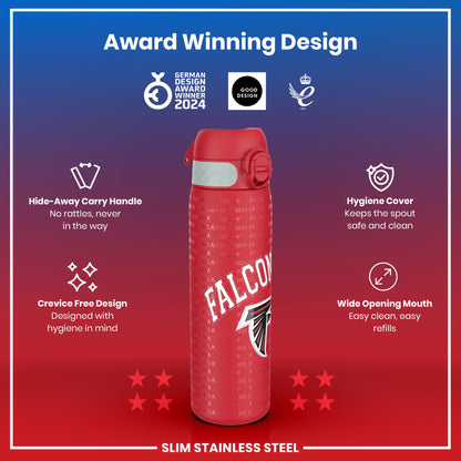 A red, slim stainless steel water bottle, displaying the Atlanta Falcons logo, sits against a gradient background showcasing its features and awards.