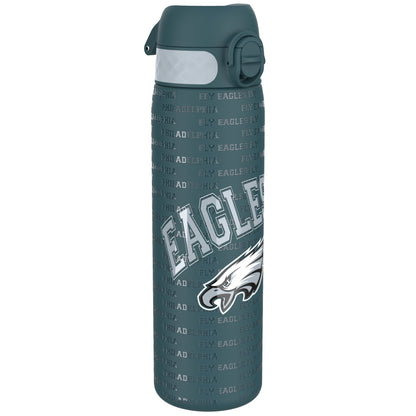 A dark teal water bottle stands against a white background. Its surface displays a repeating pattern of “Philadelphia” and “Fly Eagles Fly,” along with a large “Eagles” logo and an eagle graphic.