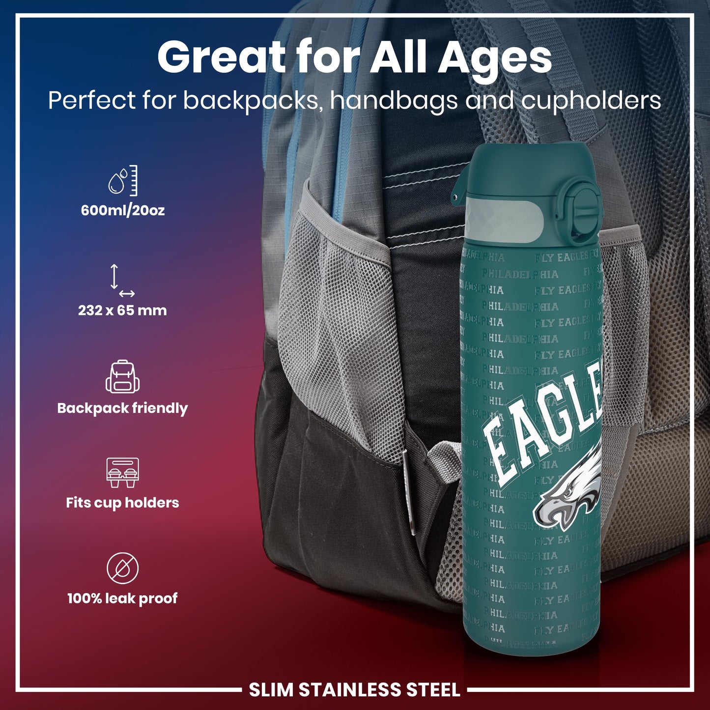 A teal, slim stainless steel water bottle, featuring a Philadelphia Eagles design, sits in a backpack pocket. It's 600ml/20oz, 232 x 65 mm, backpack and cupholder friendly, and 100% leak proof. Great for all ages.